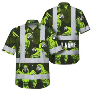 Hi Vis Hawaiian Shirt Reflective Tapes Green Neon Black Parrot Custom Name Safety Workwear For Workers, Truckers, Operators