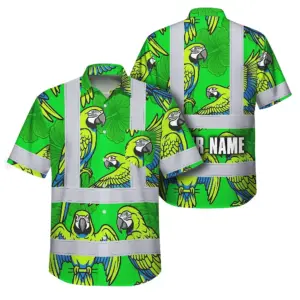 Hi Vis Hawaiian Shirt Reflective Tapes Green Neon Blue Parrot Custom Name Safety Workwear For Workers, Truckers, Operators