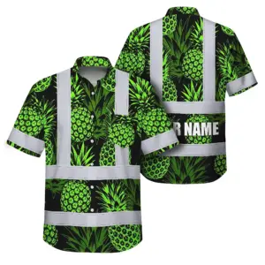 Hi Vis Hawaiian Shirt Reflective Tapes Green Neon Pineapple Custom Name Safety Workwear For Workers, Truckers, Operators