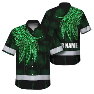 Hi Vis Hawaiian Shirt Reflective Tapes Green Neon Polynesian Custom Name Safety Workwear For Workers, Truckers, Operators