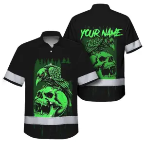 Hi Vis Hawaiian Shirt Reflective Tapes Green Neon Skull Custom Name Safety Workwear For Workers, Truckers, Operators