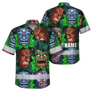 Hi Vis Hawaiian Shirt Reflective Tapes Green Tiki Custom Name Safety Workwear For Workers, Truckers, Operators