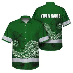 Hi Vis Hawaiian Shirt Reflective Tapes Green White Polynesian Custom Name Safety Workwear For Workers, Truckers, Operators