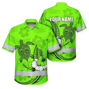 Hi Vis Hawaiian Shirt Reflective Tapes Lime Neon Polynesian Custom Name Safety Workwear For Workers, Truckers, Operators