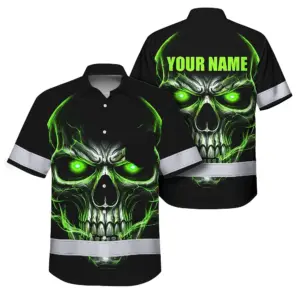 Hi Vis Hawaiian Shirt Reflective Tapes Lime Neon Skull Custom Name Safety Workwear For Workers, Truckers, Operators