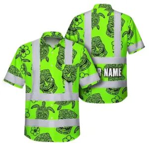 Hi Vis Hawaiian Shirt Reflective Tapes Lime Neon Tiki Custom Name Safety Workwear For Workers, Truckers, Operators