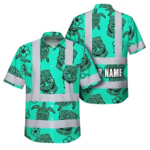 Hi Vis Hawaiian Shirt Reflective Tapes Mint Neon Tiki Custom Name Safety Workwear For Workers, Truckers, Operators