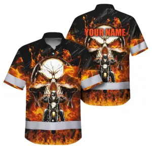 Hi Vis Hawaiian Shirt Reflective Tapes Orange Neon Fire Biker Skull Custom Name Safety Workwear For Workers, Truckers, Operators