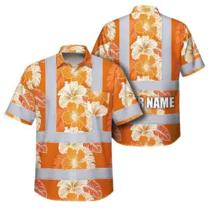Hi Vis Hawaiian Shirt Reflective Tapes Orange Neon Hibiscus Custom Name Safety Workwear For Workers, Truckers, Operators