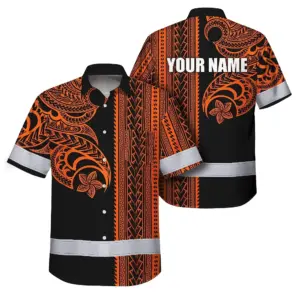 Hi Vis Hawaiian Shirt Reflective Tapes Orange Neon Polynesian Custom Name Safety Workwear For Workers, Truckers, Operators