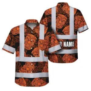 Hi Vis Hawaiian Shirt Reflective Tapes Orange Tiki Custom Name Safety Workwear For Workers, Truckers, Operators