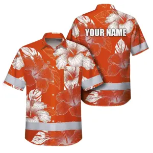Hi Vis Hawaiian Shirt Reflective Tapes Orange White Flowers Custom Name Safety Workwear For Workers, Truckers, Operators