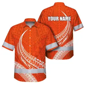 Hi Vis Hawaiian Shirt Reflective Tapes Orange White Polynesian Custom Name Safety Workwear For Workers, Truckers, Operators