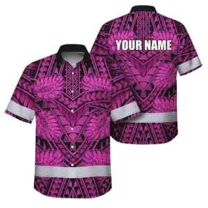 Hi Vis Hawaiian Shirt Reflective Tapes Pink Neon Polynesian Custom Name Safety Workwear For Workers, Truckers, Operators
