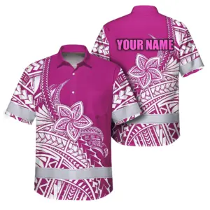 Hi Vis Hawaiian Shirt Reflective Tapes Pink Neon Polynesian Flower Custom Name Safety Workwear For Workers, Truckers, Operators
