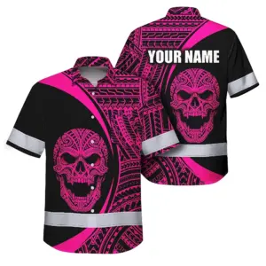Hi Vis Hawaiian Shirt Reflective Tapes Pink Neon Skull Custom Name Safety Workwear For Workers, Truckers, Operators