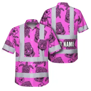 Hi Vis Hawaiian Shirt Reflective Tapes Pink Neon Tiki Custom Name Safety Workwear For Workers, Truckers, Operators
