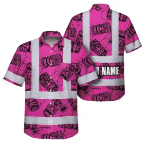 Hi Vis Hawaiian Shirt Reflective Tapes Pink Tiki Custom Name Safety Workwear For Workers, Truckers, Operators