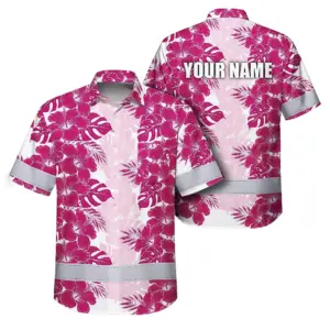 Hi Vis Hawaiian Shirt Reflective Tapes Pink White Flowers Custom Name Safety Workwear For Workers, Truckers, Operators