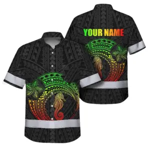 Hi Vis Hawaiian Shirt Reflective Tapes Rainbow Seahorse Polynesian Custom Name Safety Workwear For Workers, Truckers, Operators