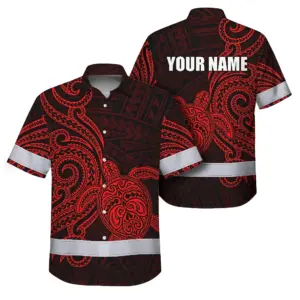 Hi Vis Hawaiian Shirt Reflective Tapes Red Neon Polynesian Custom Name Safety Workwear For Workers, Truckers, Operators