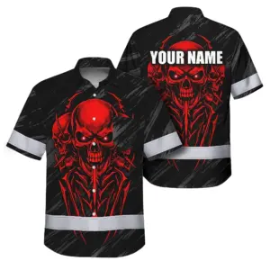 Hi Vis Hawaiian Shirt Reflective Tapes Red Neon Skull Custom Name Safety Workwear For Workers, Truckers, Operators