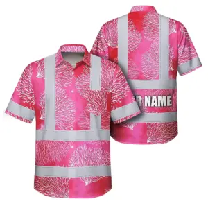 Hi Vis Hawaiian Shirt Reflective Tapes Red White Coral Custom Name Safety Workwear For Workers, Truckers, Operators
