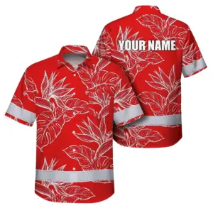 Hi Vis Hawaiian Shirt Reflective Tapes Red White Flowers Custom Name Safety Workwear For Workers, Truckers, Operators