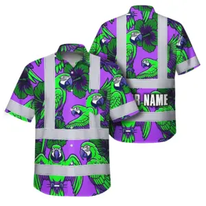 Hi Vis Hawaiian Shirt Reflective Tapes Violet Green Parrot Custom Name Safety Workwear For Workers, Truckers, Operators