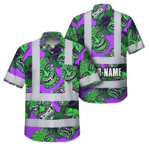 Hi Vis Hawaiian Shirt Reflective Tapes Violet Green Tiki Custom Name Safety Workwear For Workers, Truckers, Operators