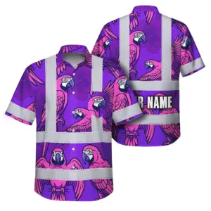 Hi Vis Hawaiian Shirt Reflective Tapes Violet Neon Pink Parrot Custom Name Safety Workwear For Workers, Truckers, Operators