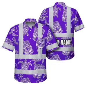 Hi Vis Hawaiian Shirt Reflective Tapes Violet Neon Tiki Custom Name Safety Workwear For Workers, Truckers, Operators