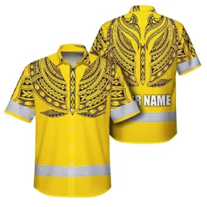 Hi Vis Hawaiian Shirt Reflective Tapes Yellow Black Polynesian Custom Name Safety Workwear For Workers, Truckers, Operators