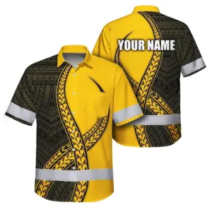 Hi Vis Hawaiian Shirt Reflective Tapes Yellow Neon Polynesian Turtle Custom Name Safety Workwear For Workers, Truckers, Operators