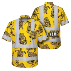 Hi Vis Hawaiian Shirt Reflective Tapes Yellow Neon Tiki Custom Name Safety Workwear For Workers, Truckers, Operators