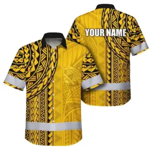 Hi Vis Hawaiian Shirt Reflective Tapes Yellow Polynesian Custom Name Safety Workwear For Workers, Truckers, Operators
