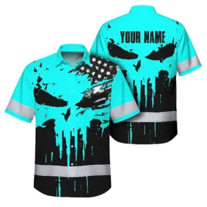 Hi Vis Hawaiian Skull Shirt, Blue Neon Custom Name High Visibility Short Sleeve Button Down Shirt for Workers, Truckers