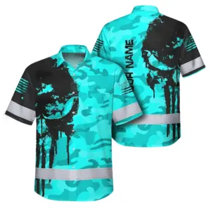 Hi Vis Hawaiian Skull Shirt, Blue Neon Custom Name High Visibility Short Sleeve Button Down Shirt for Workers, Truckers