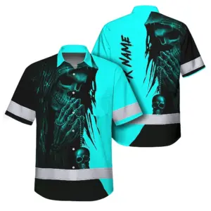 Hi Vis Hawaiian Skull Shirt, Blue Neon Custom Name High Visibility Short Sleeve Button Down Shirt for Workers, Truckers