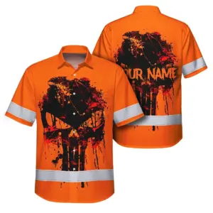 Hi Vis Hawaiian Skull Shirt,Orange Neon Custom Name High Visibility Short Sleeve Button Down Shirt for Workers, Truckers
