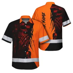 Hi Vis Hawaiian Skull Shirt, Orange Neon Custom Name High Visibility Short Sleeve Button Down Shirt for Workers, Truckers