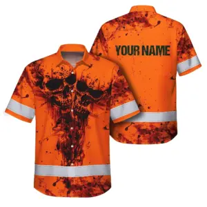 Hi Vis Hawaiian Skull Shirt, Orange Neon Custom Name High Visibility Short Sleeve Button Down Shirt for Workers, Truckers