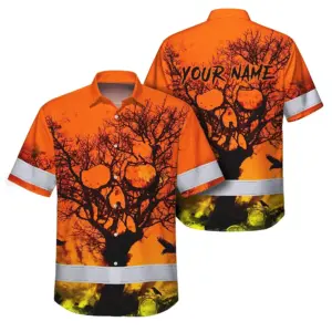 Hi Vis Hawaiian Skull Shirt, Orange Neon Custom Name High Visibility Short Sleeve Button Down Shirt for Workers, Truckers