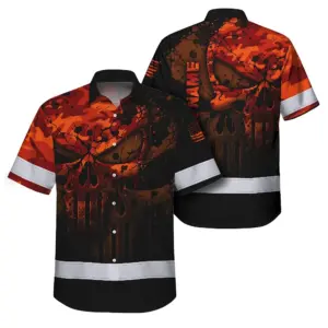 Hi Vis Hawaiian Skull Shirt, Orange Neon Custom Name High Visibility Short Sleeve Button Down Shirt for Workers, Truckers