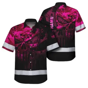 Hi Vis Hawaiian Skull Shirt, Pink Neon Custom Name High Visibility Short Sleeve Button Down Shirt for Workers, Truckers