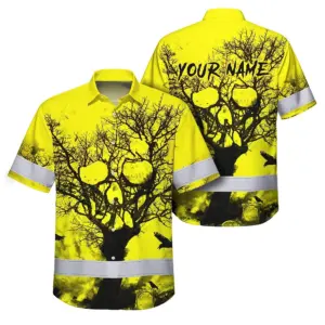 Hi Vis Hawaiian Skull Shirt, Yellow Neon Custom Name High Visibility Short Sleeve Button Down Shirt for Workers, Truckers
