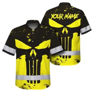 Hi Vis Hawaiian Skull Shirt, Yellow Neon Custom Name High Visibility Short Sleeve Button Down Shirt for Workers, Truckers