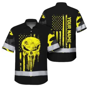 Hi Vis Hawaiian Skull Shirt, Yellow Neon Custom Name High Visibility Short Sleeve Button Down Shirt for Workers, Truckers