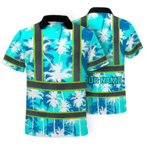 Hi Vis Polo Shirt Reflective Tapes Blue Neon Flowers Custom Name Safety Workwear For Workers, Truckers, Operators