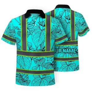 Hi Vis Polo Shirt Reflective Tapes Blue Neon Flowers Custom Name Safety Workwear For Workers, Truckers, Operators